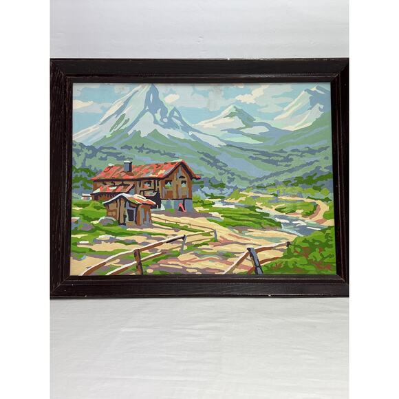 Vtg Paint By Number Cabin Lodge with Snowy Mountain View 18x14 Framed 50s PBN - Picture 1 of 7